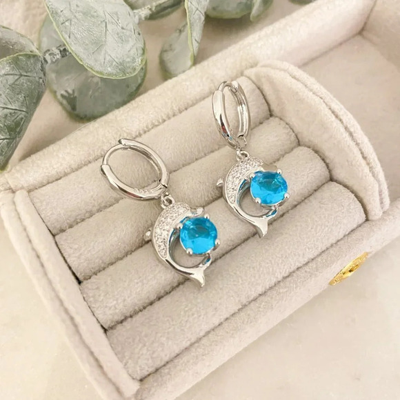 Jewelry - 925 Sterling Silver Dolphin Earrings CZ Aquamarine Stone Dolphin Hoop Earrings